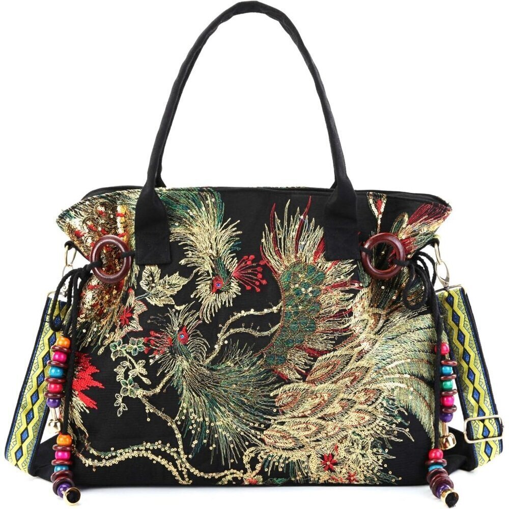 Jursccu Women Black Tote Bags Embroidery Handbags Stylish Casual Shoulder Bags